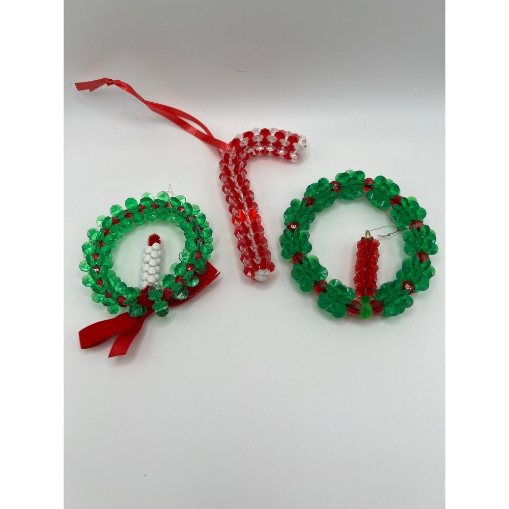 Set of 3 Vintage Beaded Christmas Ornaments Wreath Candy Cane‎ Retro Kitsch